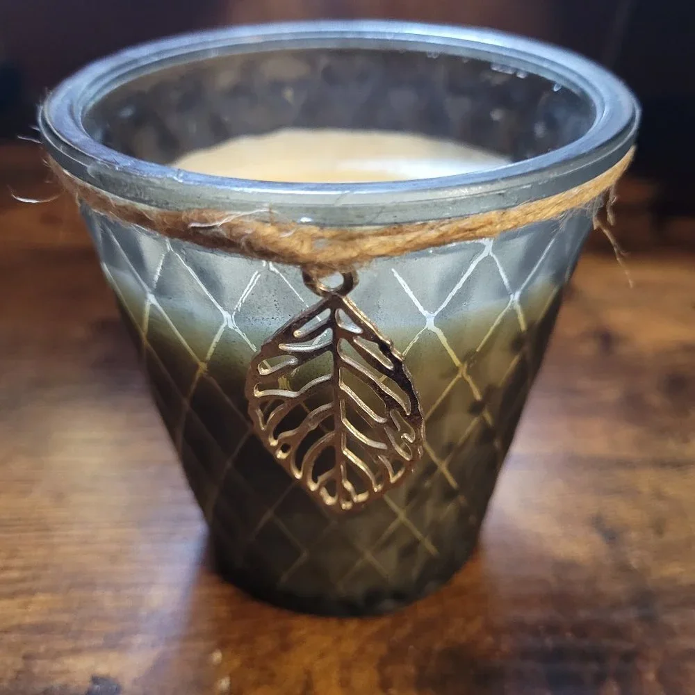 Flickering Fireside Green Glass Leaf Candle